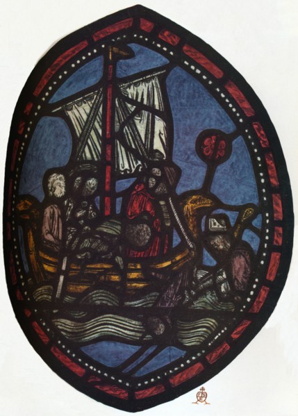 'St Nicholas window in the Jerusalem Chamber of Westminster Abbey: Nicholas and the false pilgrim',  Artist: Unknown.
