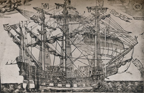 A woodcut of a ship which is believed to be The Ark Royal, c1587. Artist: Unknown.