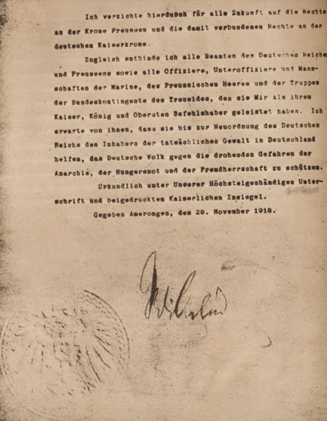 Document confirming the abdication of Kaiser Wilhel II of Germany, 9 November 1918 (1935).  Artist: Unknown.