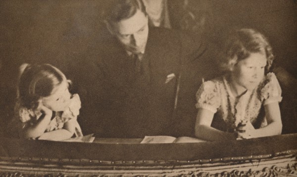The Duke of York and Princesses Elizabeth and Margaret at the pantomime, 6 February 1935.  Artist: Unknown.