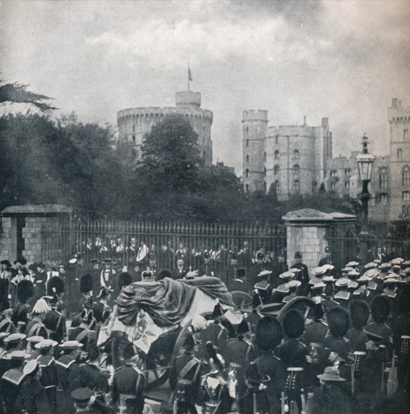 King Edward VII's hearse being drawn into the grounds of Windsor Castle, 1910 (1911). Creator: Horace Walter Nicholls.