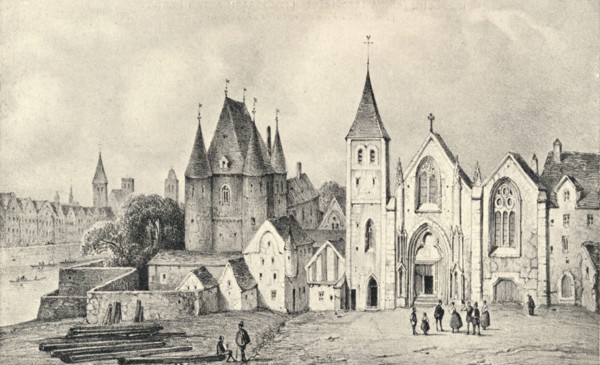 'The Maison du Lieutenant and the Church of St Landry in 1540', 1915. Artist: Unknown.