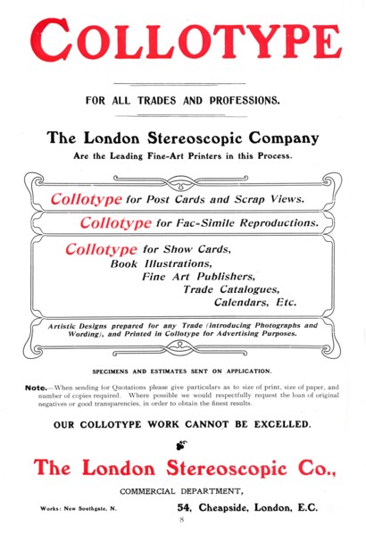 An advert for the Collotype process offered by The  London Stereoscopic Company, 1903. Artist: Unknown.