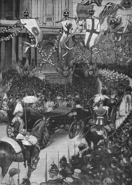 Marriage of the Duke of York: the royal procession passing St Paul's Cathedral, 1893 (1906). Artist: Arthur Salmon.