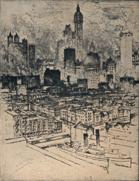 'New York From Brooklyn Bridge', c1908. Artist: Joseph Pennell.