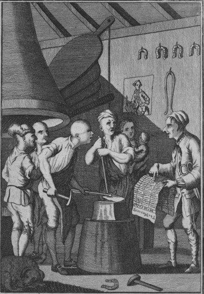 'The Blacksmith lets his Iron grow cold attending to the Taylor's News', 1772. Artist: Unknown.