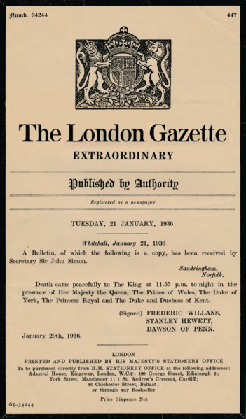An extraordinary bulletin by The London Gazette anouncing the death of King George V (1865-1936). Artist: Unknown.