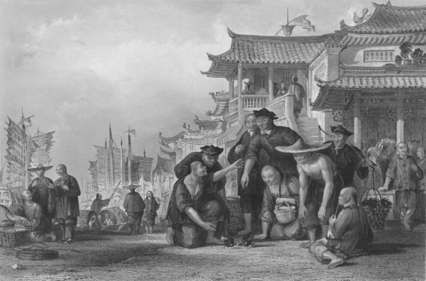'Canton Barge-men fightng Quails', 1843. Artist: Augustus Fox.