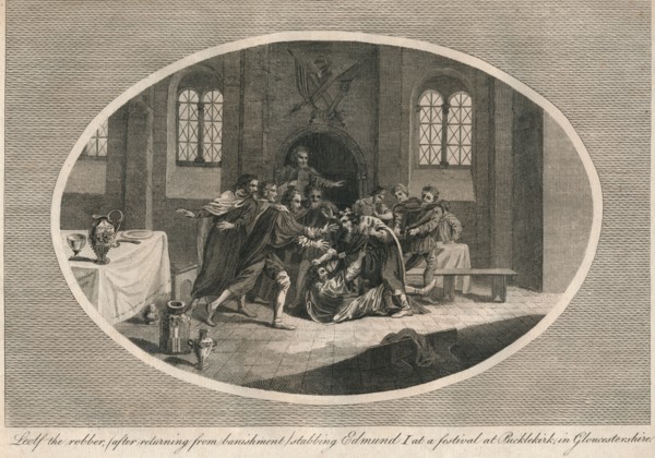 Leofa the robber stabbing Edmund I at a festival at Pucklekirk, Gloucestershire 946 (1793). Artist: Unknown.