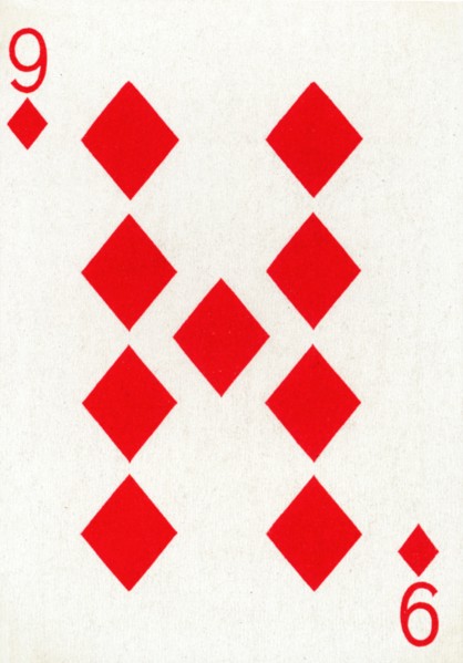 9 of Diamonds from a deck of Goodall & Son Ltd. playing cards, c1940. Artist: Unknown.