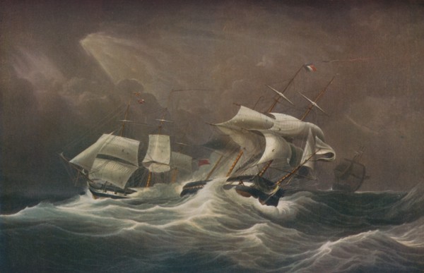 'H.M.S. Indefatigable Engaging The French Droits-De-L'Homme,1797', 1829. Artist: Edward Duncan.