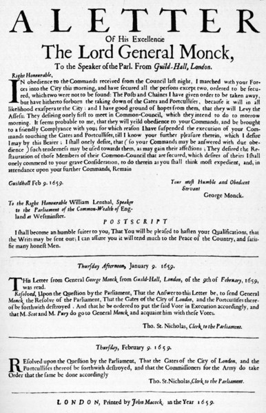 Letter from General Monck to the Speaker of the House of Commons, 1659 (1903). Artist: Unknown.