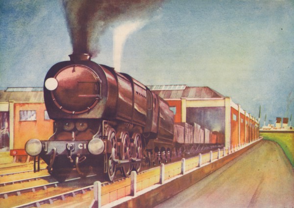 'Latest Austerity Freight Engine, S.R., at Southampton Docks', 1940. Artist: Unknown.