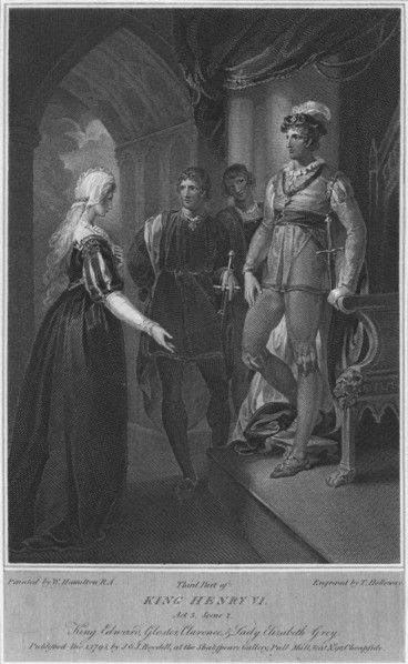 'Third Part of King Henry VI. Act 3. Scene 2. King Edward, Gloucester, Clarence & Lady Elizabeth Gre Artist: Thomas Holloway.