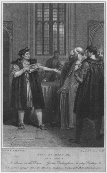 'King Richard III. Act 3. Scene 4. A Room in the Tower - Gloucester, Buckingham, Stanley, Hastings & Artist: Anker Smith.