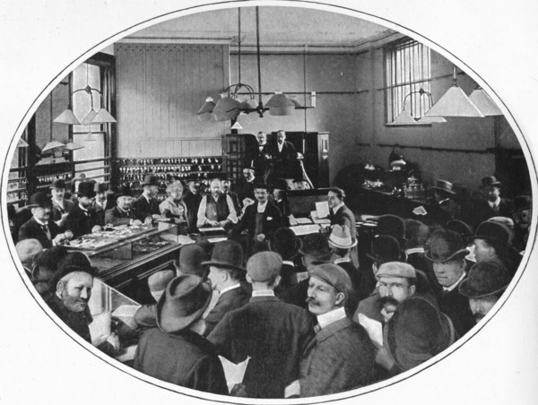 Sale of unredeemed goods at Debenham, Storr and Sons auction rooms, London, c1903 (1903). Artist: Unknown.