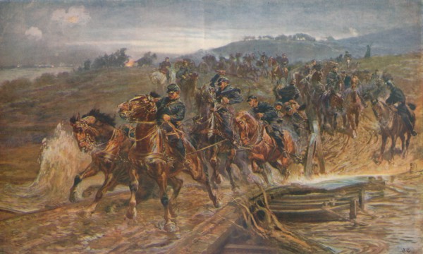'French Artillery Crossing the River Aisne, September, 1914', 1915 (1928). Artist: John Charlton.