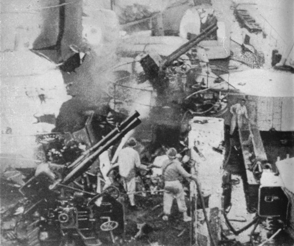 'An Italian battleship is hit', 1940 (1943). Artist: Unknown.