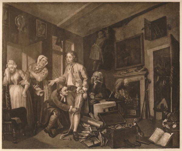 'A Rake's Progress'; scene I, 1735. Artist: William Hogarth.
