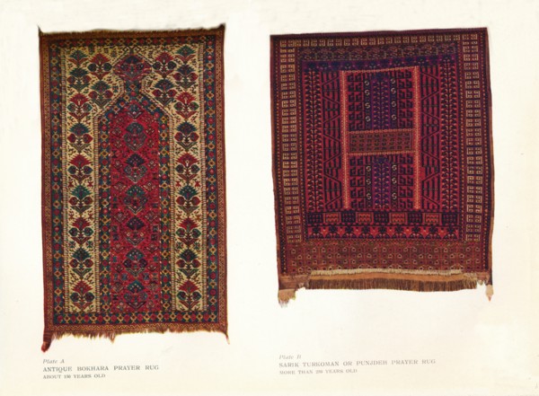 Antique Bokhara prayer rug and Sarik Turkoman or Punjdeh prayer rug, c1920. Artist: Unknown.