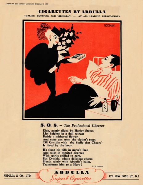 'Cigarettes by Abdulla - S.O.S. - The Professional Cheerer', 1939. Artist: Unknown.
