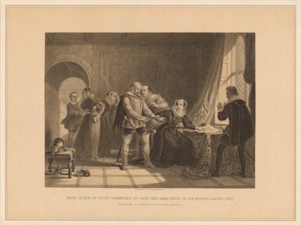 'Mary Queen of Scots Compelled To Sign Her Abdication in Lochleven Castle, 1567', (1878). Artist: Thomas Brown.