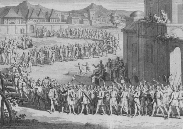 'L'Yncas vient recevoir les Orfrandes que ses Sujets font au Soleil', c1723. Artist: Unknown.