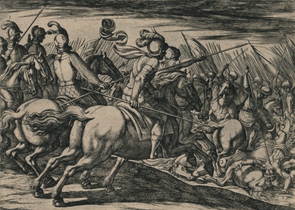 'Los 200 cavalleros compañeros de los siete Infantes, cercados de la muchedumbre de los Moros ...',  Artist: Unknown.