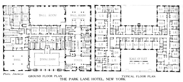 Floor plans, the Park Lane Hotel, New York City, 1924. Artist: Unknown.