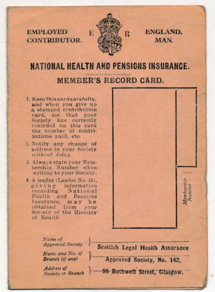 'National Health and Pensions Insurance Card: Member's Record Card', c1930s. Artist: Unknown.
