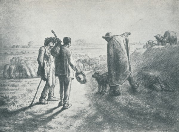 'Two Travellers, who have lost their way, asking a shepherd to direct them', 19th century, (1912).  Artist: Jean Francois Millet.