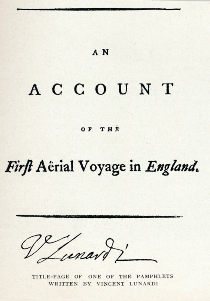 'Title-Page of one of the Pamphlets written by Vincent Lunardi', 1786, (1910). Artist: Vincenzo Lunardi.