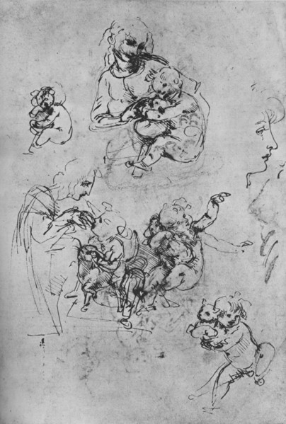'Two Studies of the Madonna and Child with a Cat and Three Studies of the Child', 1475-1481 (1945). Artist: Leonardo da Vinci.