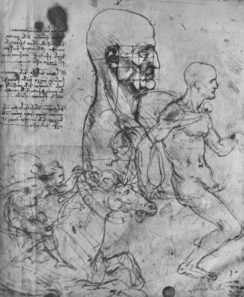 'Profile of a Man Squared for Proportion and Studies of Horsemen', c1480 (1945). Artist: Leonardo da Vinci.