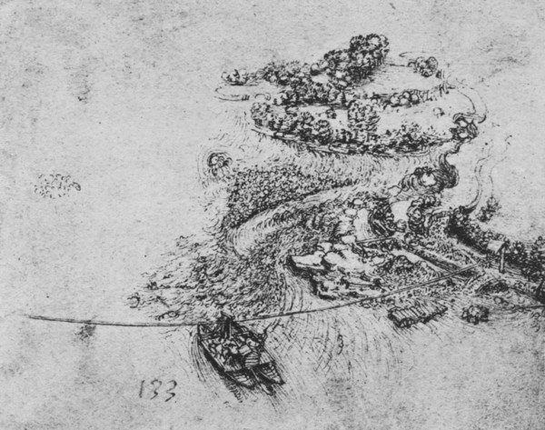 'Bird's-Eye View of a River with a Rope Ferry', c1480 (1945). Artist: Leonardo da Vinci.