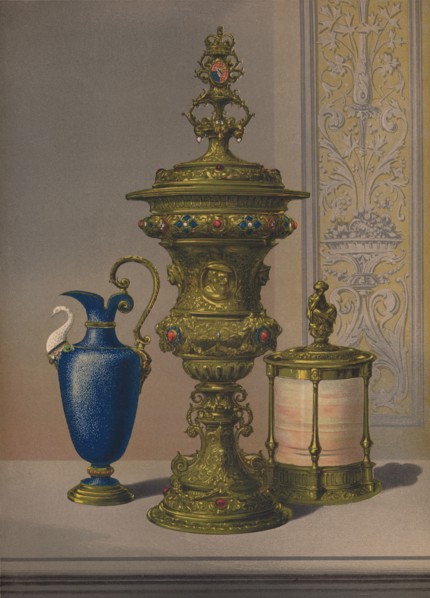 'Silver Gilt & Jewelled Vase, Porcelain Vase, Cigar Casket', 1863. Artist: Robert Dudley.