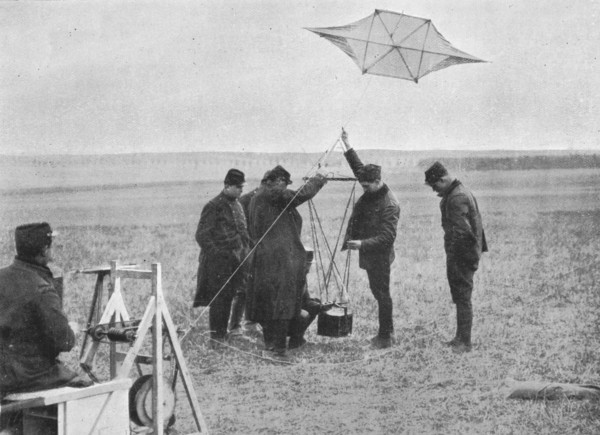 'Sending up one of the French war kites, to which a camera is attached', 1914, (1915). Artist: Unknown.