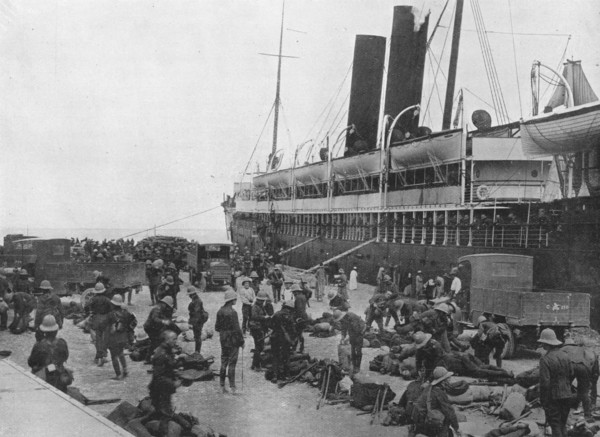 'The Dardanelles Expeditionary Force sets out: A transport loading up at Alexandria', 1915. Artist: Unknown.