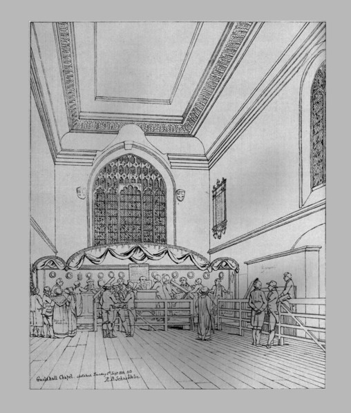 Interior view of the Guildhall Chapel, 1815, (1886). Artist: Unknown.