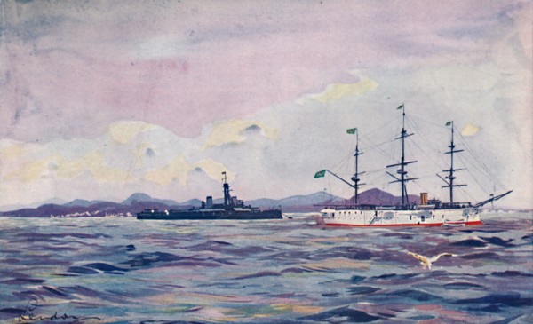 'The Benjamin Constant Training Cruiser and the dreadnought Minas Geraes in Rio Harbour', 1914. Artist: Unknown.