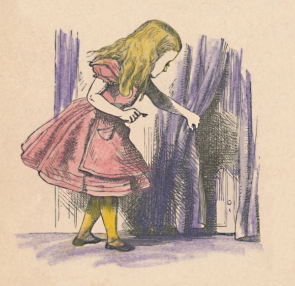'Alice looking at a small door behind a curtain', 1889. Artist: John Tenniel.