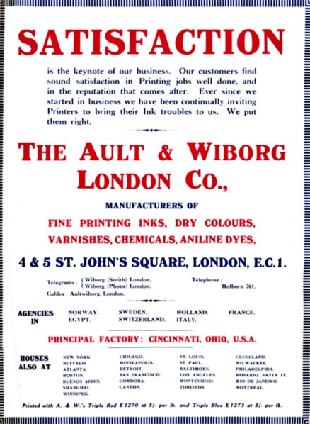 'The Ault & Wiborg London Co. Advert - Satisfaction', 1919. Artist: Ault & Wiborg.