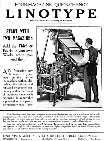 'Linotype & Machinery Ltd. advert', 1919. Artist: Unknown.