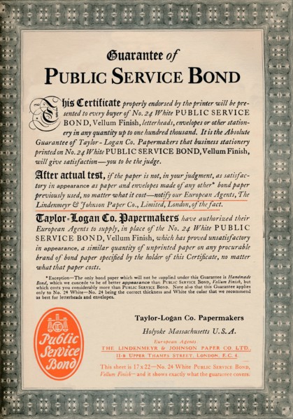 'Guarantee of Public Service Bond - Taylor-Logan Co. Papermakers advert', 1919. Artist: Unknown.
