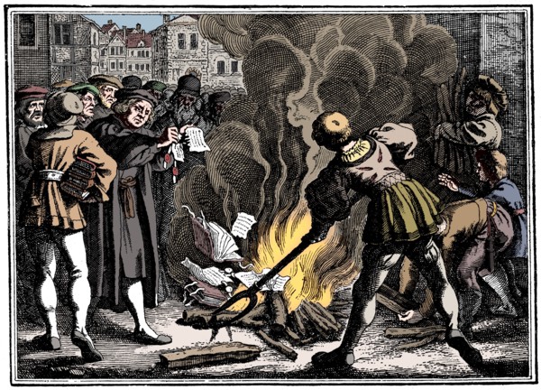 Martin Luther burning the Papal Bull, 1520. Artist: Unknown.