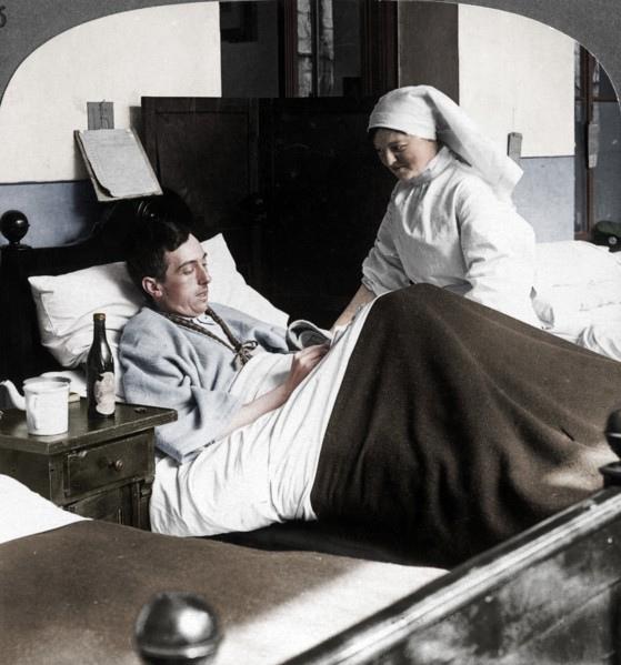 A soldier writing a letter in hospital, World War I, 1914-1918. Artist: Realistic Travels Publishers.