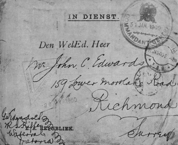 'Envelope addressed by Colour-Sergeant Edwards, 2nd Royal Irish Rifles', 1900. Artist: Unknown.