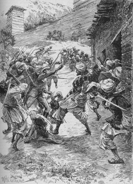 Lieutenant Harley, at the Head of Forty Sikhs and Sixty Kashmiris, Rushed the House Over the Mouth  Artist: William Henry Charles Groome.