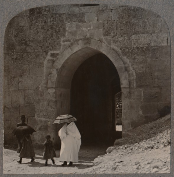 'Mahommedan women entering Jerusalem by Herod's Gate', c1900. Artist: Unknown.