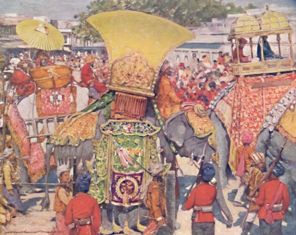 'Burmese Elephants at the State Entry', 1903. Artist: Mortimer L Menpes.